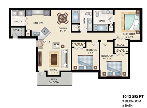 Stonegate Apartments Amarillo, Texas 3 Bedroom Floor Plan